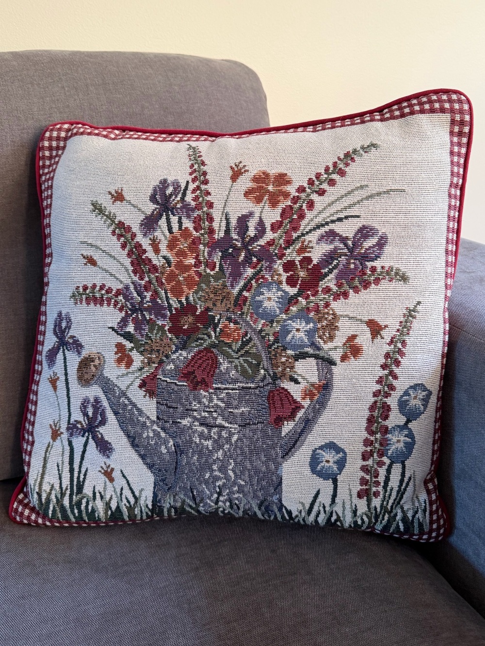 Vintage Cottagecore Flowers in Watering Can Tapestry Pillow 16", Gingham Trim